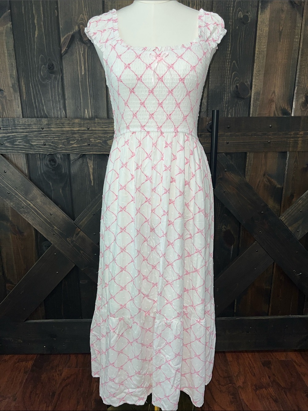 Blu Pepper White Ruffle Maxi Dress M Pink Bow Print Smocked Tiered Boho Coquette